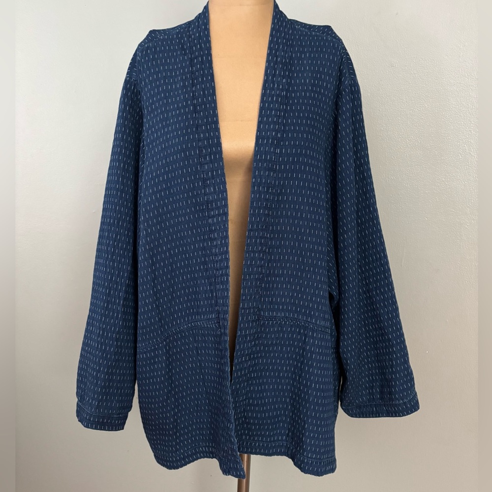 J Jill Indigo Light Open Front Cotton Cardigan Large Oversized Boxy Minimalist